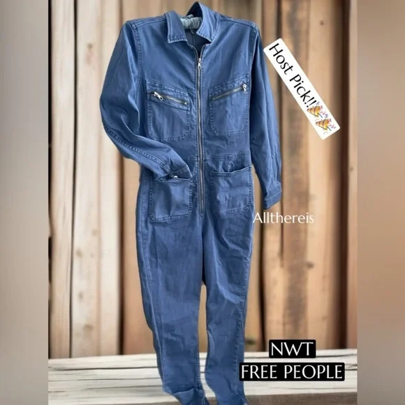 EUC! Free People Lennox Jumpsuit Coverall Stretch Denim V Plunge in Bluebird Med - Picture 5 of 9